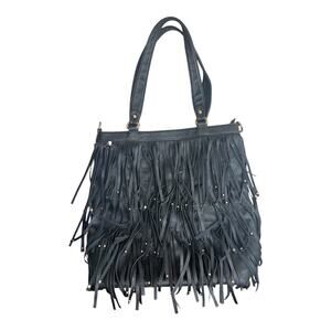 LaTique Black & gold hardware fringe shoulder bag zip close